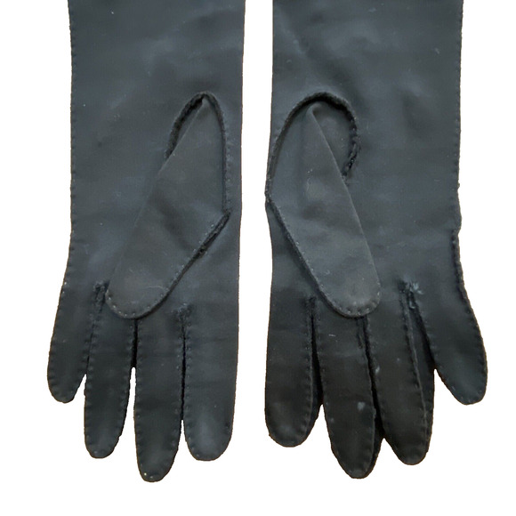 Gimbels Hong Kong Bead & Rhinestone Black Cotton Dressy Elbow Gloves 6.5 Vintage - Picture 7 of 11